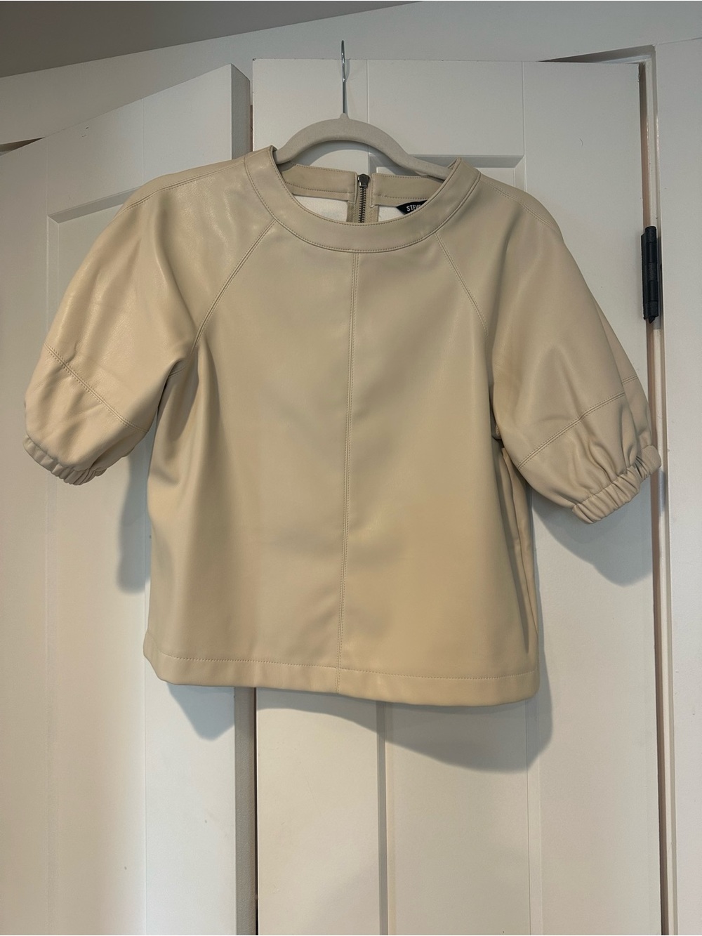 Cream Faux-Leather Puff Sleeve Top
